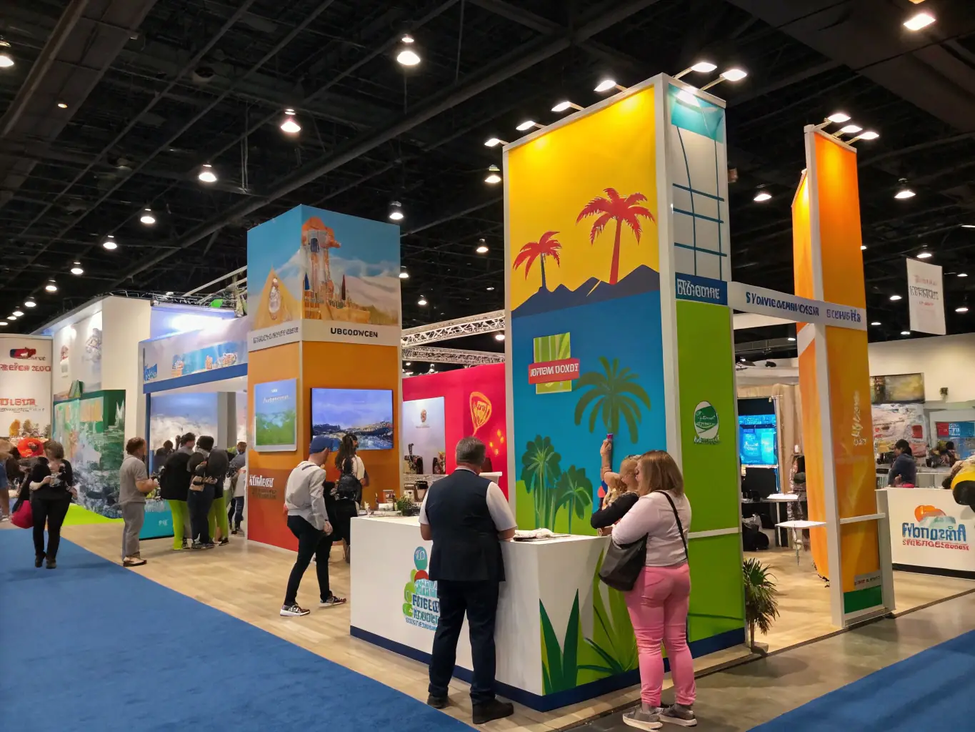 A dynamic image showing trade show hosts engaging with potential clients at a bustling trade show booth, highlighting Cadre's trade show talent services.