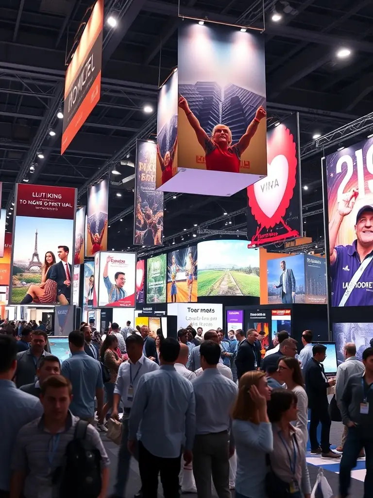 A team of trade show hosts interacting with potential clients at a booth, demonstrating Cadre's ability to provide engaging and knowledgeable trade show talent.