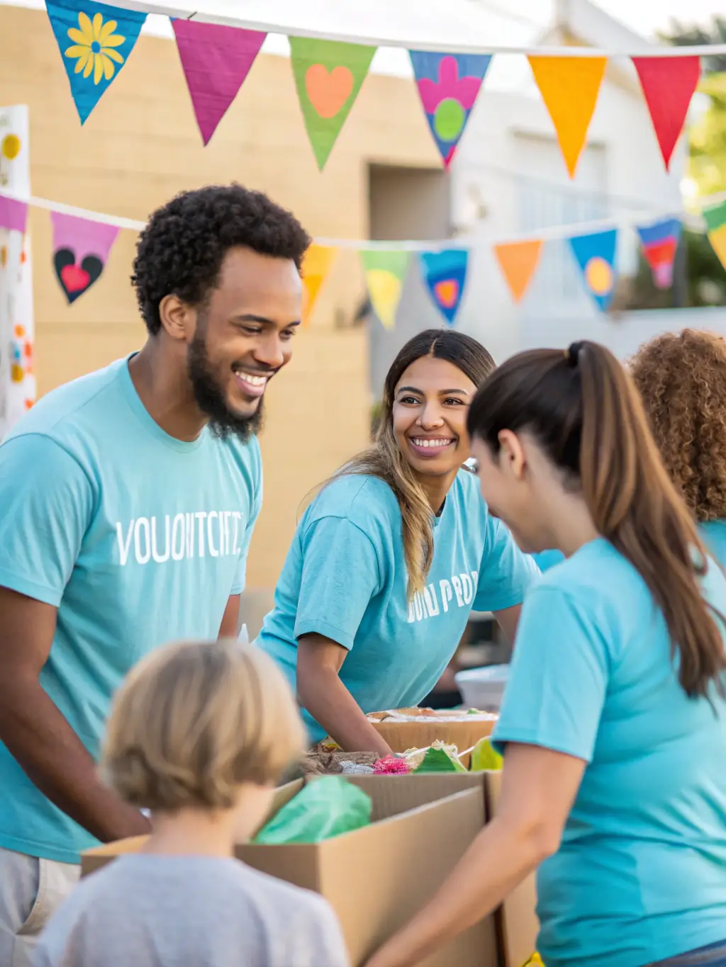 Volunteers assisting at a community event, smiling and interacting with attendees, representing Cadre's volunteer initiative staffing.