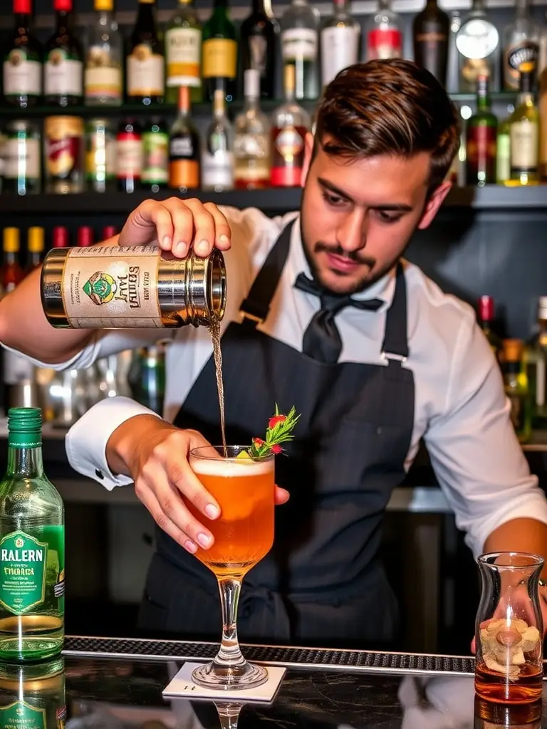 A professional event bartender mixing cocktails with a smile, showcasing Cadre's commitment to providing skilled and engaging event staff.