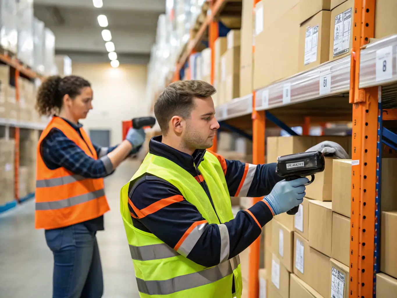A focused image of warehouse staff efficiently managing inventory and preparing shipments, illustrating Cadre's logistics support services.