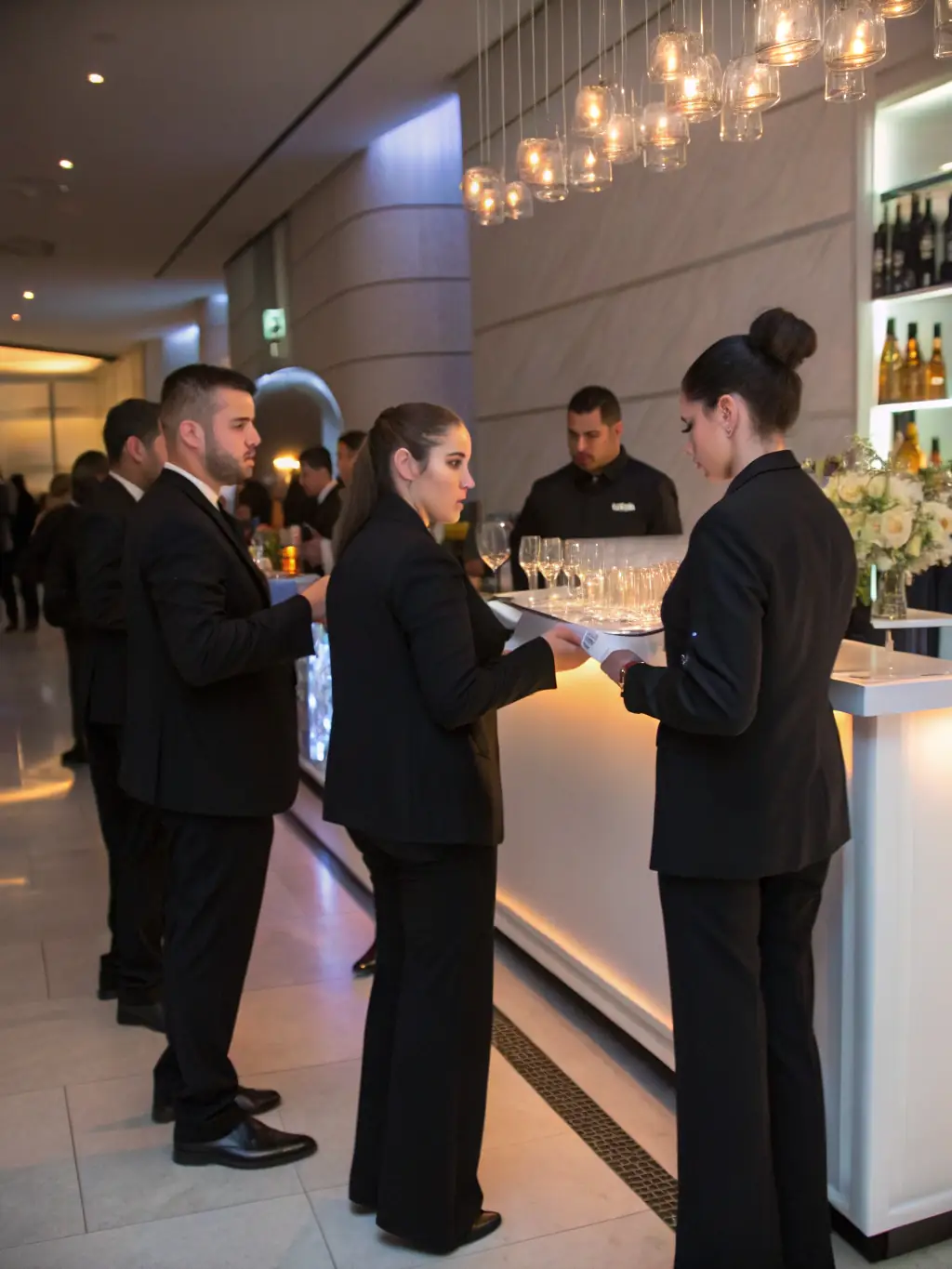A lively event scene with professional bartenders serving cocktails at a corporate gala, showcasing Cadre's event staffing expertise.