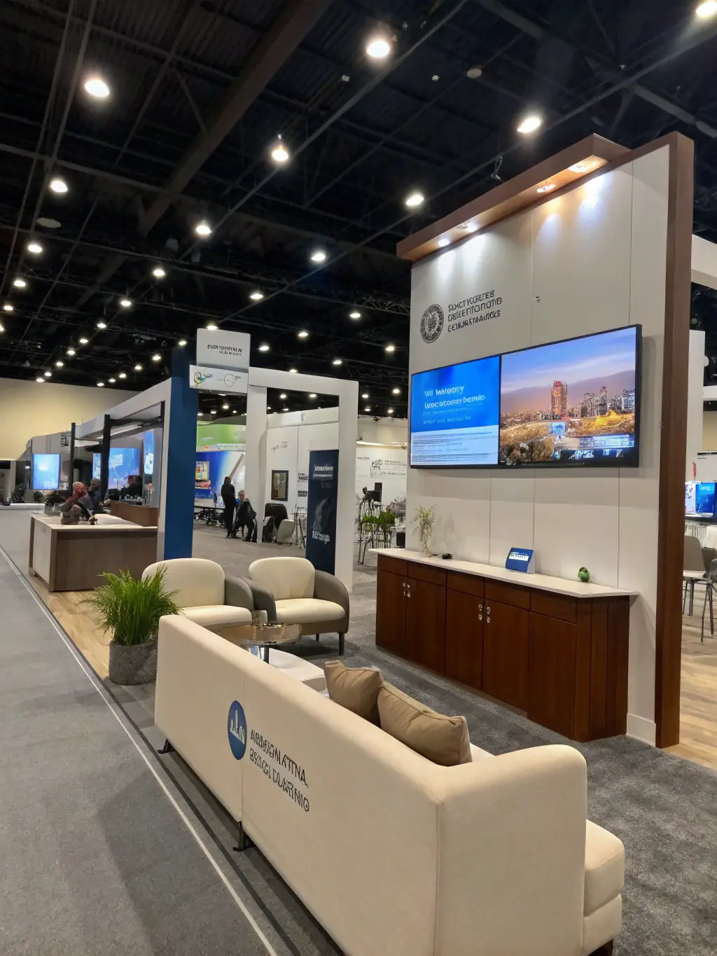 Trade show staff engaging with potential clients at a booth, demonstrating Cadre's trade show talent solutions.